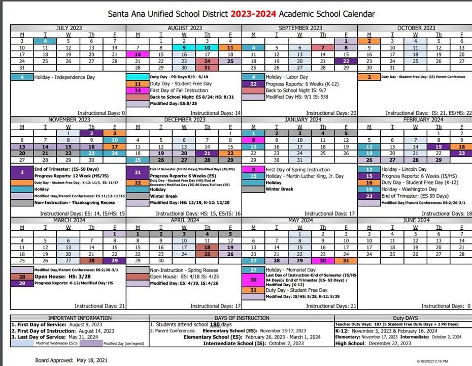 Santa Ana Unified School District 2020-2021 Academic School Calendar 